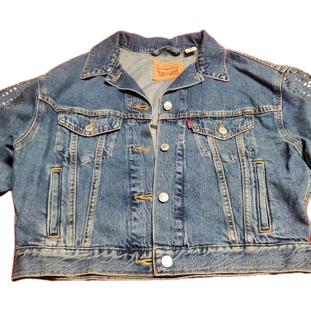 LEVI'S 90s Cropped Trucker Jacket Rhinestone Studded Denim Size M Dark Wash New - Picture 4 of 4